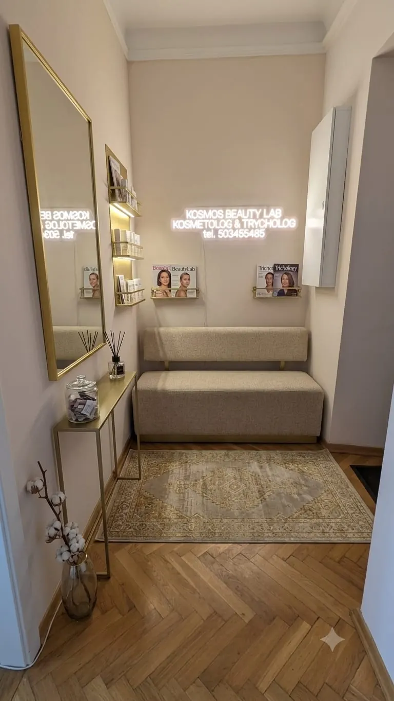 Recepcja Kosmos Beauty Lab — neon z nazwą, jodełka na podłodze, beżowa ławka